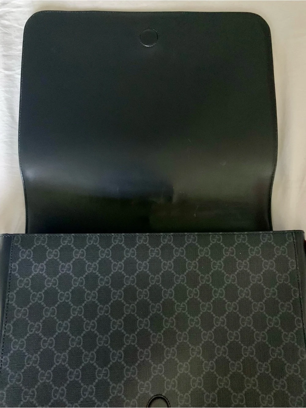 Gucci GG Monogram Messenger Bag Black/Gray Magnetic Closure Adjustable Web Strap